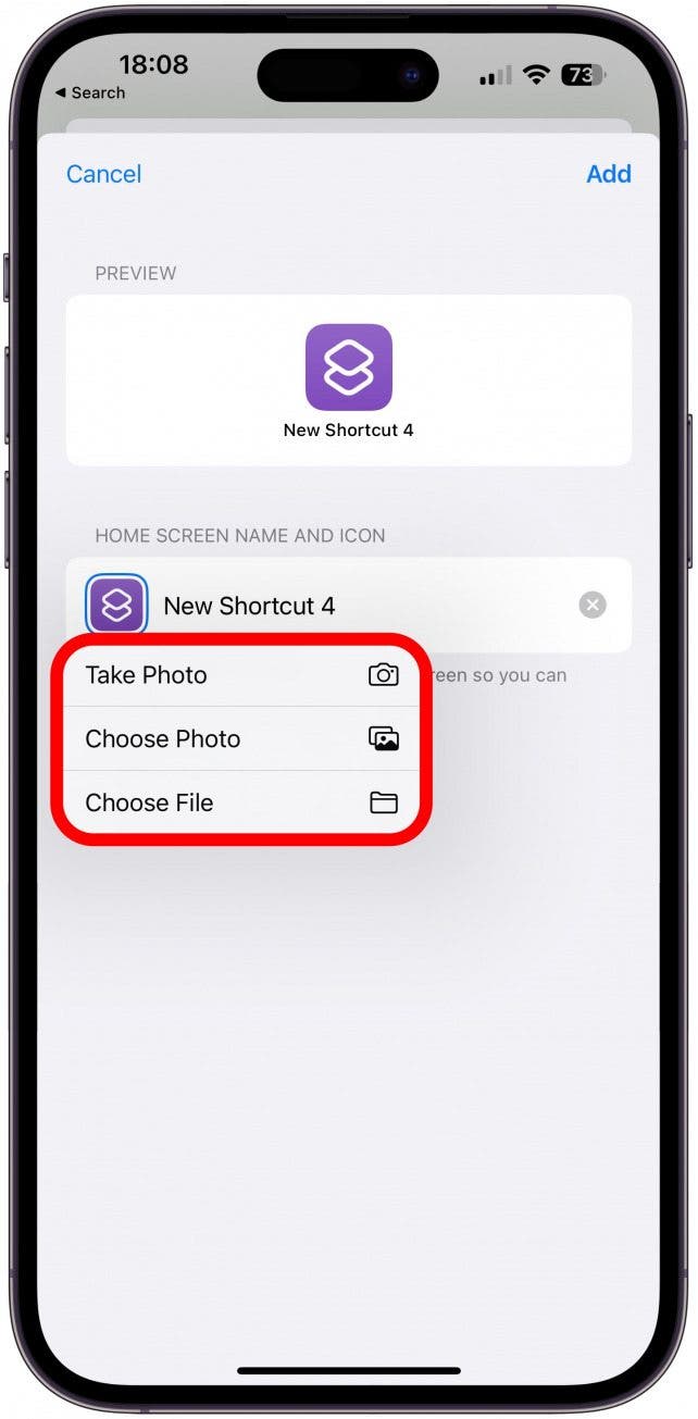 From the drop-down menu, select Take Photo, Choose Photo, or Choose File.