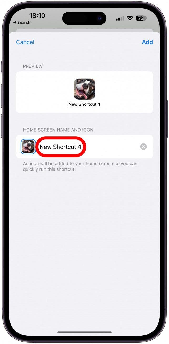 Tap on New Shortcut to rename the app.